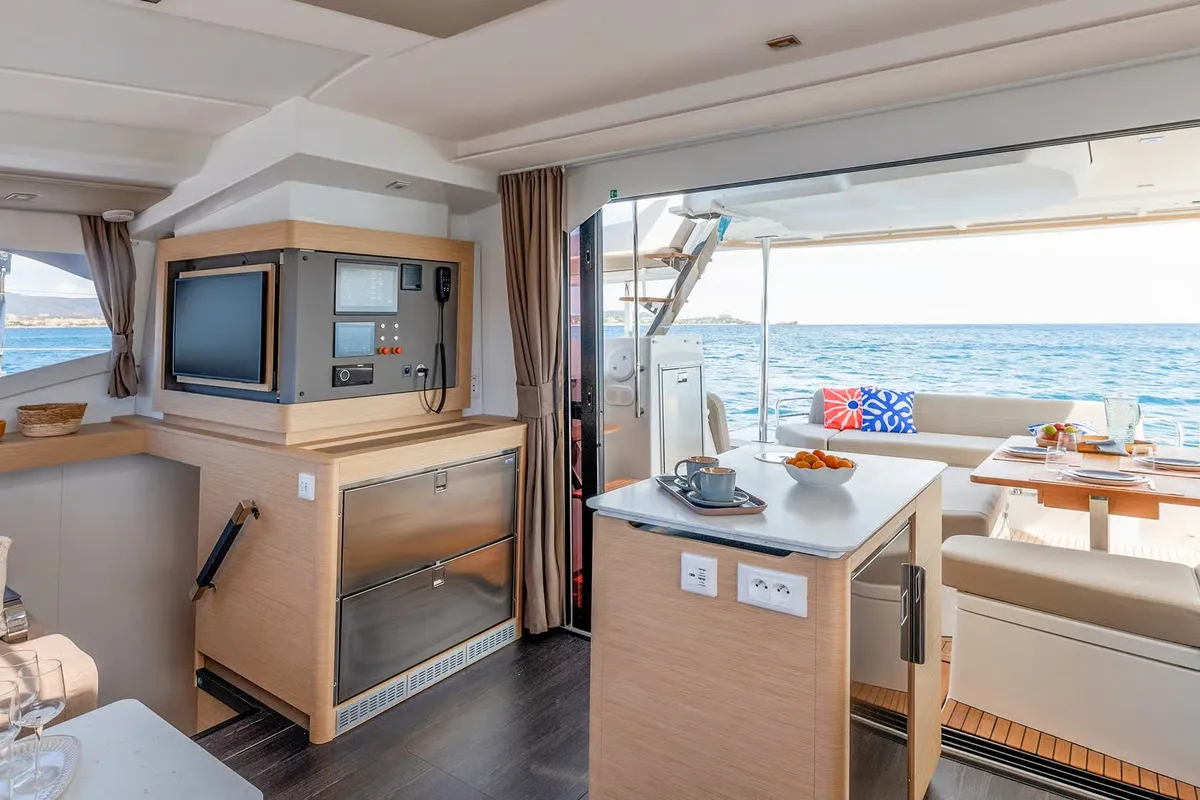 Cockpit of Cat-O-Caster, a Fountaine Pajot FP 44 Maestro catamaran at Charlotte Amalie, United States