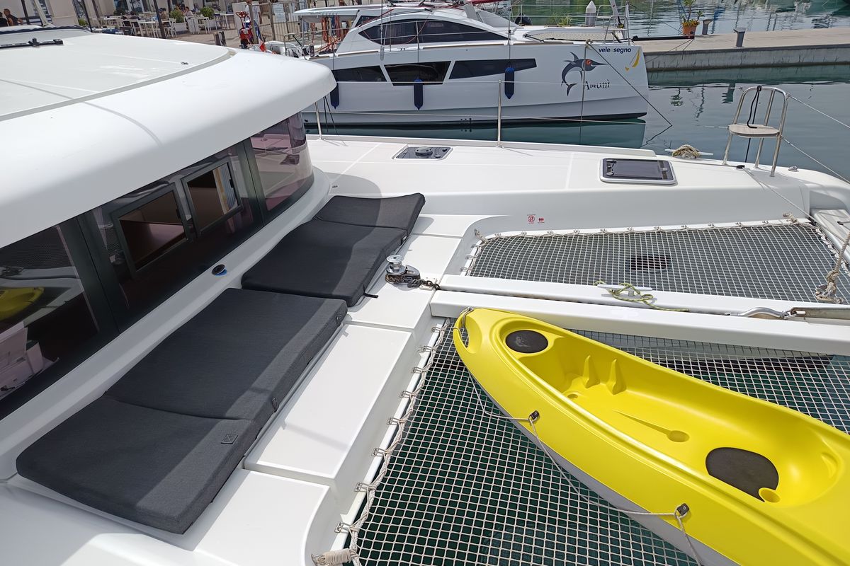 Deck of Waterworld, a Lagoon 42 catamaran at Capo d'Orlando, Italy