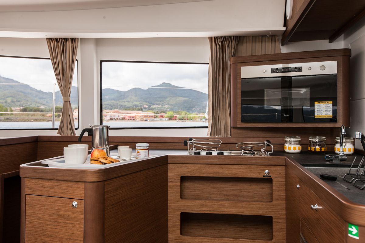 Galley of Waterworld, a Lagoon 42 catamaran at Capo d'Orlando, Italy