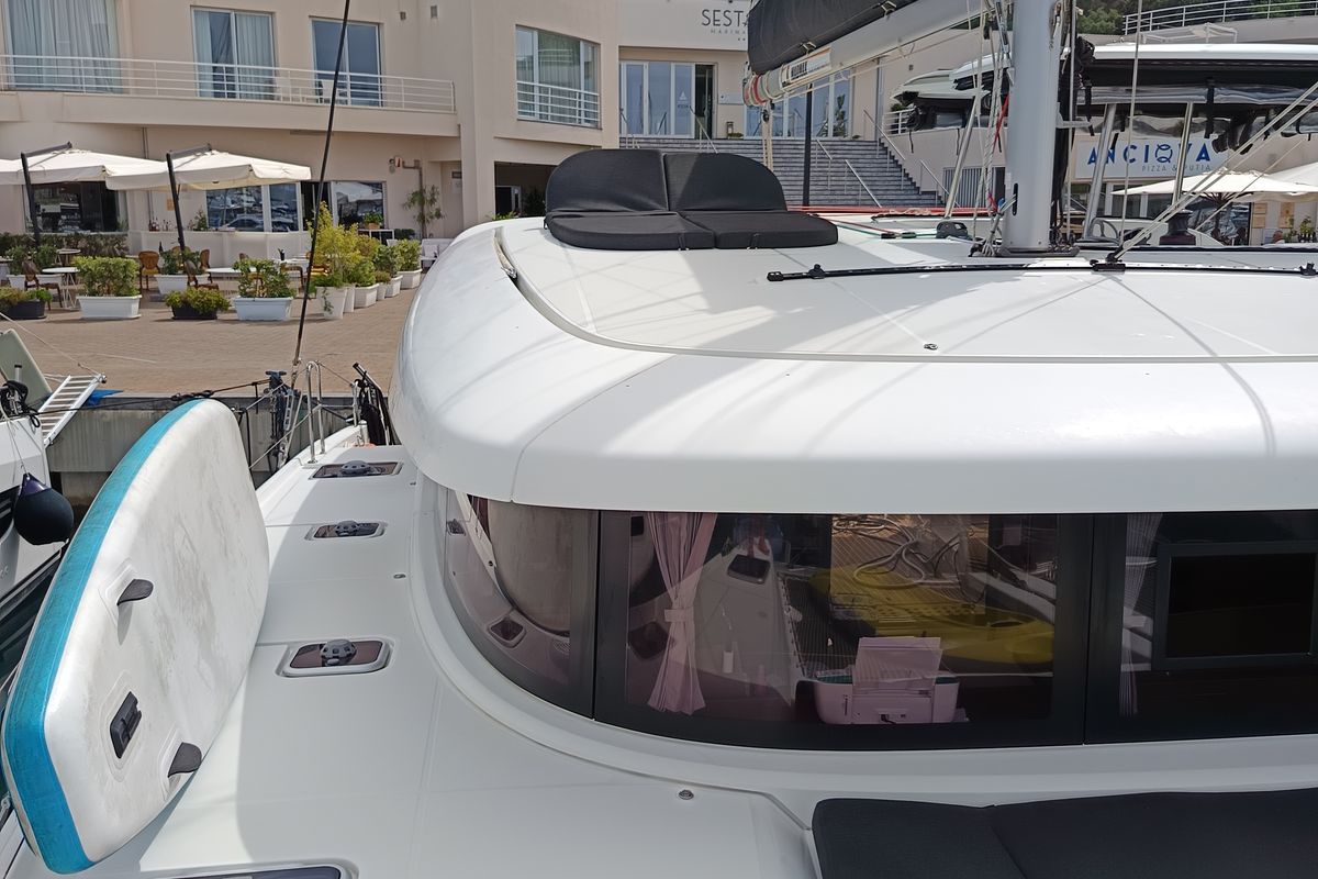 Deck of Waterworld, a Lagoon 42 catamaran at Capo d'Orlando, Italy