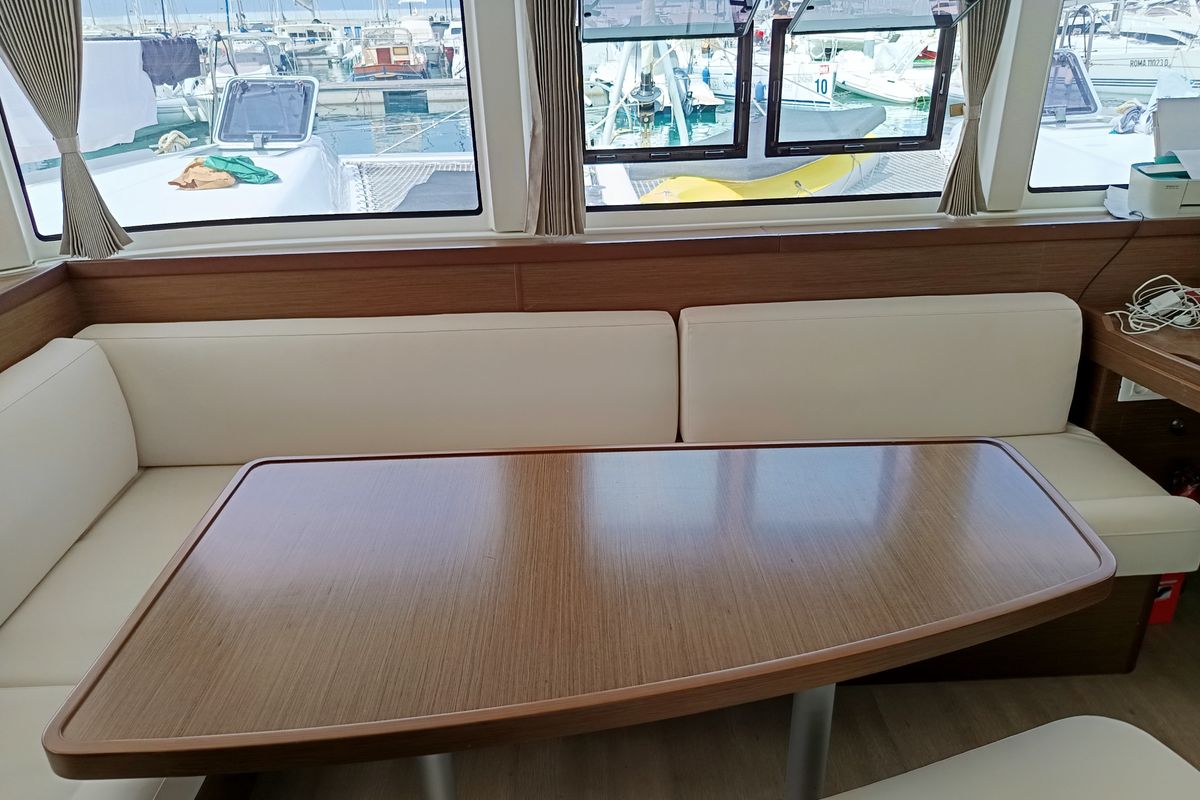 Salon of Waterworld, a Lagoon 42 catamaran at Capo d'Orlando, Italy