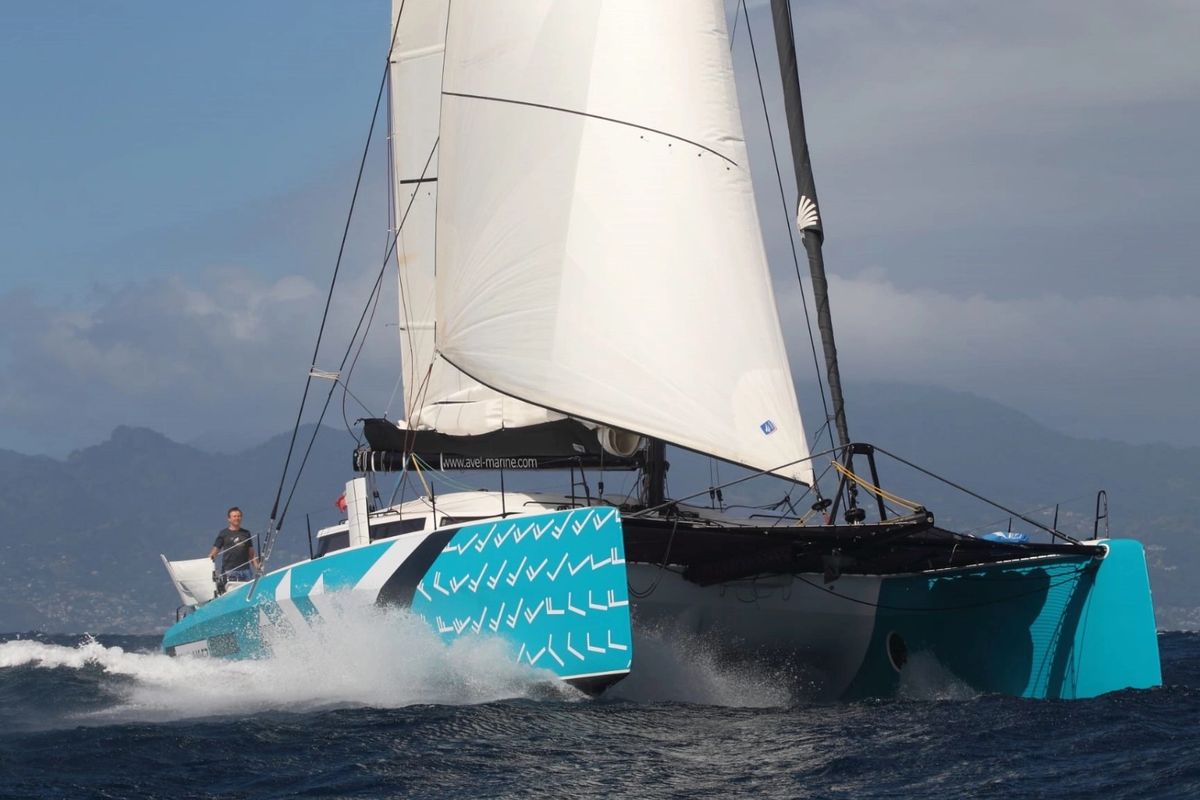 Exterior view of Avel Vaez, a Marsaudon Composites ORC 57 catamaran at Alameda, United States