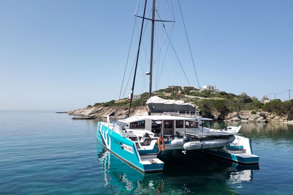 Exterior view of Avel Vaez, a Marsaudon Composites ORC 57 catamaran at Alameda, United States