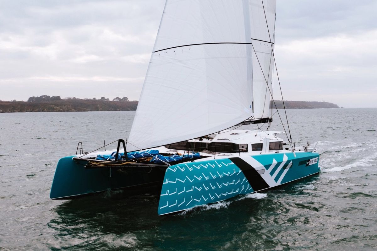 Exterior view of Avel Vaez, a Marsaudon Composites ORC 57 catamaran at Alameda, United States