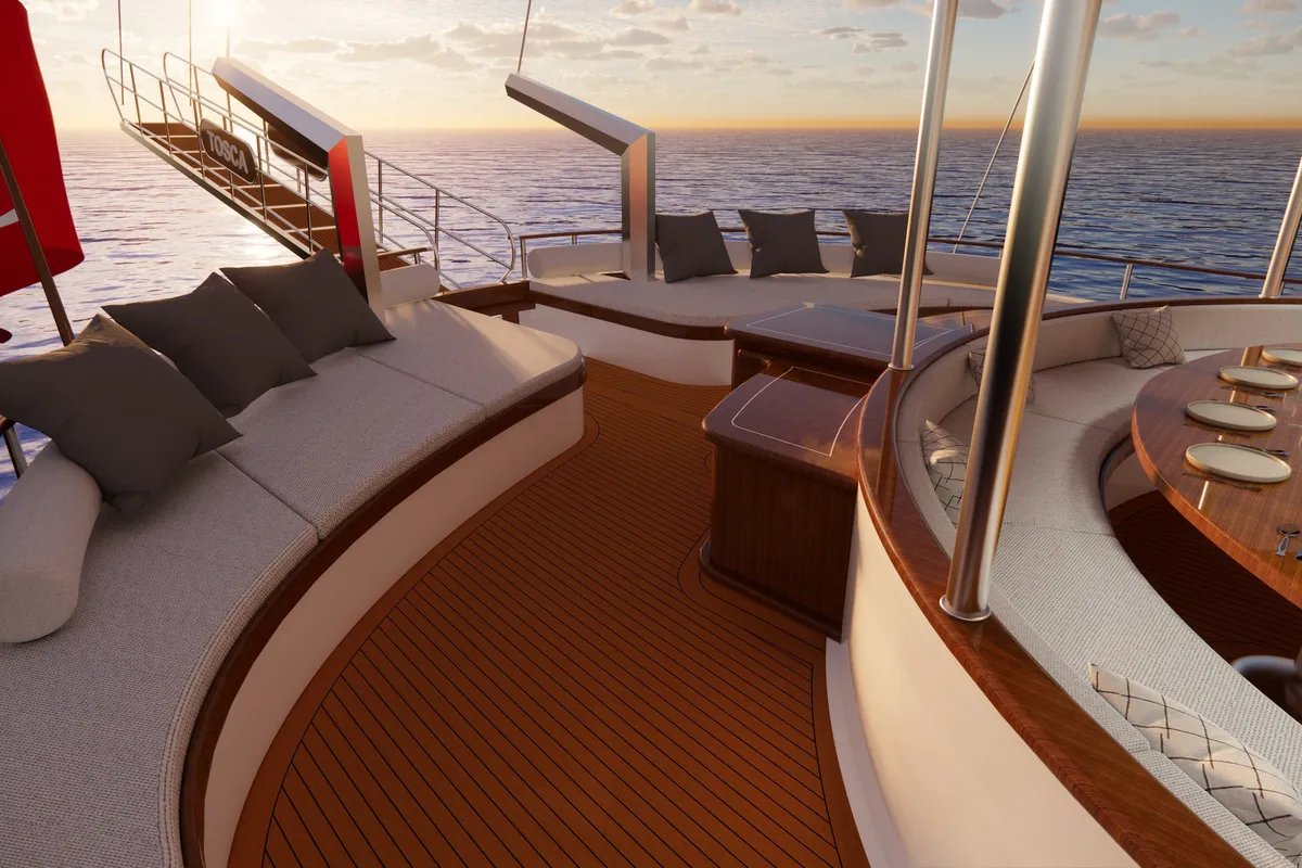 Deck of Tosca, a Gulet Motoryacht yacht at Marmaris, Turkey