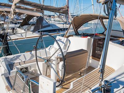 Cockpit of Ribellina, a Jeanneau Sun Odyssey 33i sailboat at San Vincenzo, Italy