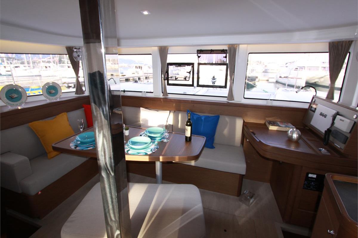 Salon of Dream of Life, a Lagoon 42 catamaran at Kontokali, Greece