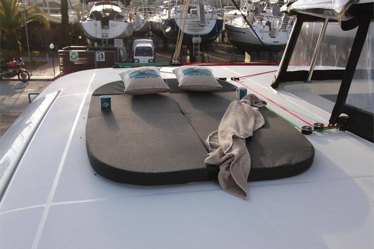 Deck of Dream of Life, a Lagoon 42 catamaran at Kontokali, Greece
