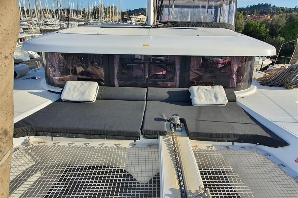 Deck of Dream of Life, a Lagoon 42 catamaran at Kontokali, Greece