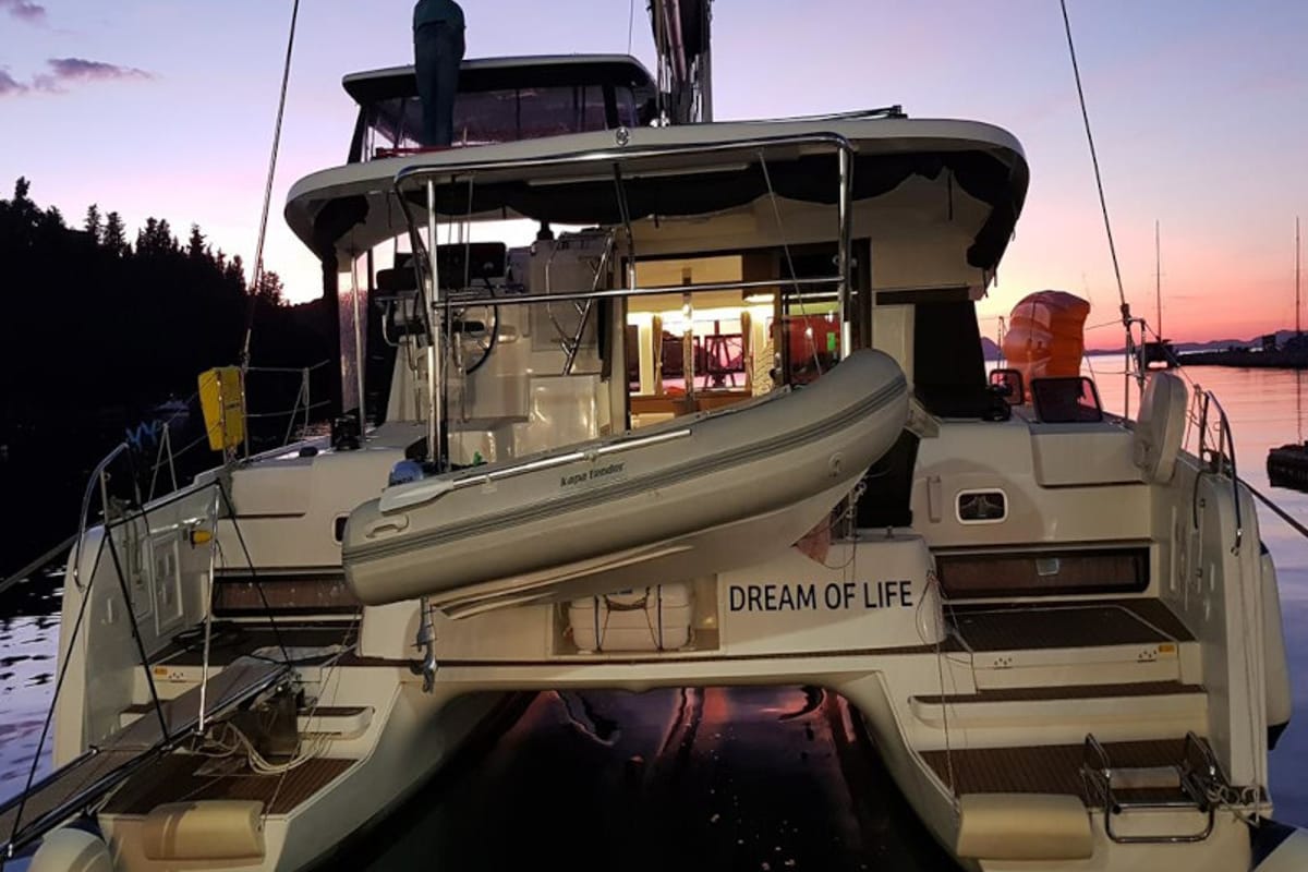 Exterior view of Dream of Life, a Lagoon 42 catamaran at Kontokali, Greece