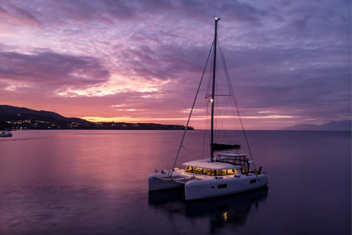Exterior view of Dream of Life, a Lagoon 42 catamaran at Kontokali, Greece