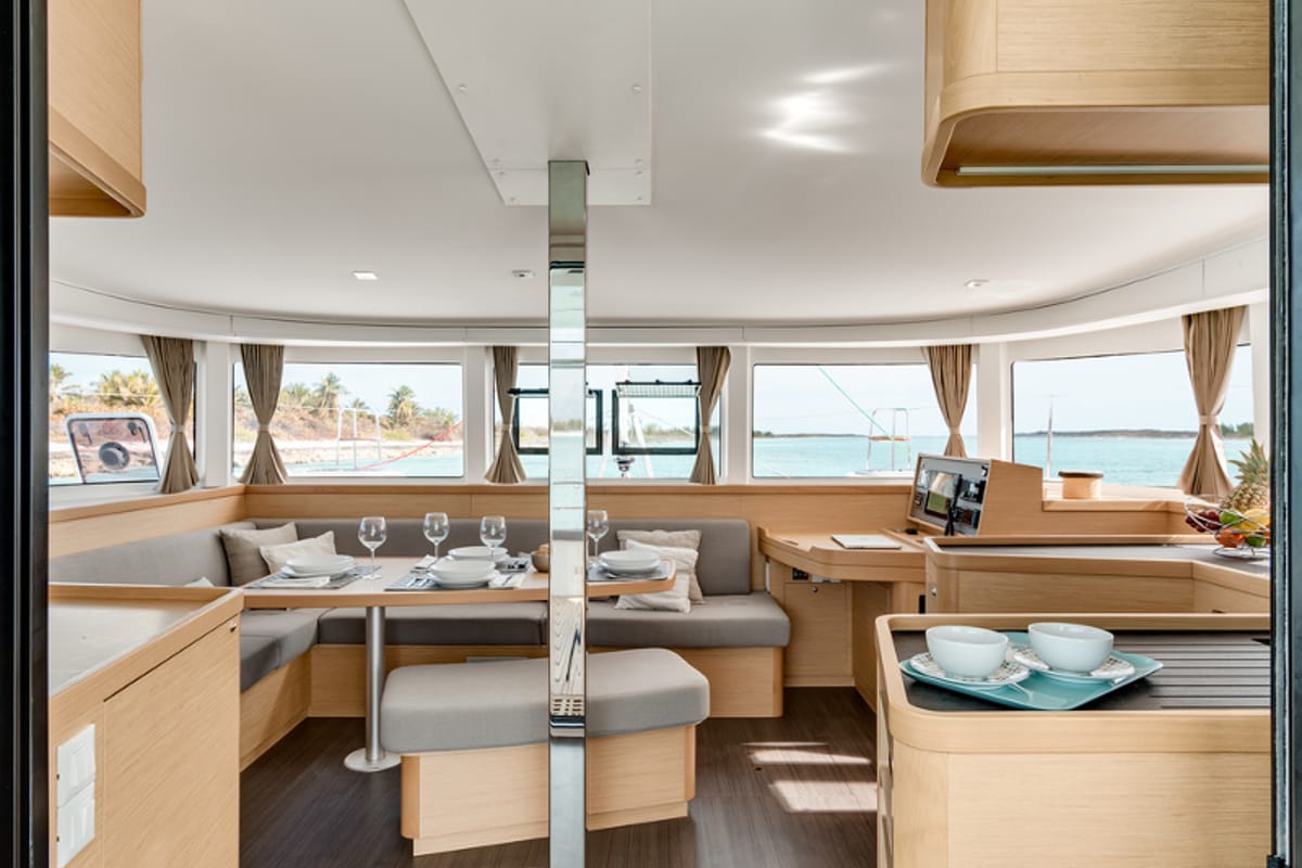 Salon of Dream of Life, a Lagoon 42 catamaran at Kontokali, Greece