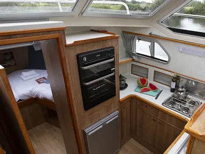 Galley of Crusader, a Cygnet Crusader motorboat at Casier, Italy