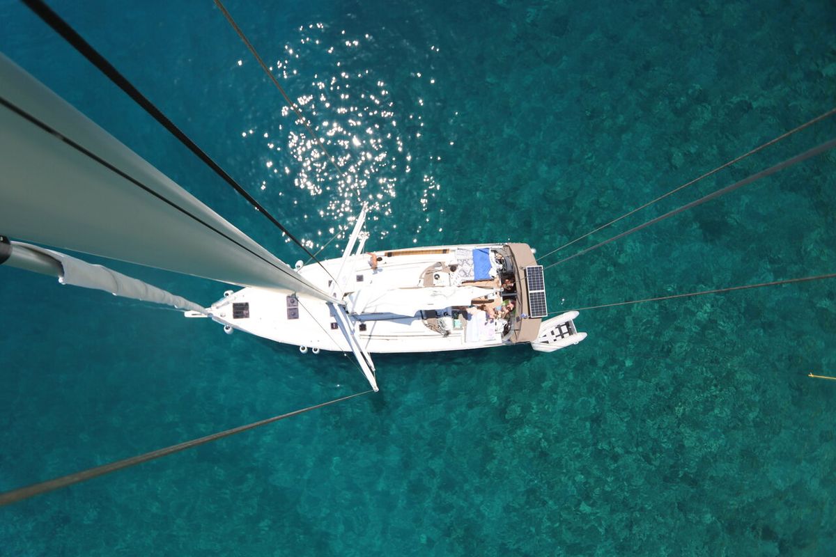 Exterior view of Aqua Fun, a Jeanneau Sun Odyssey 490 sailboat at Lavreotiki Municipal Unit, Greece