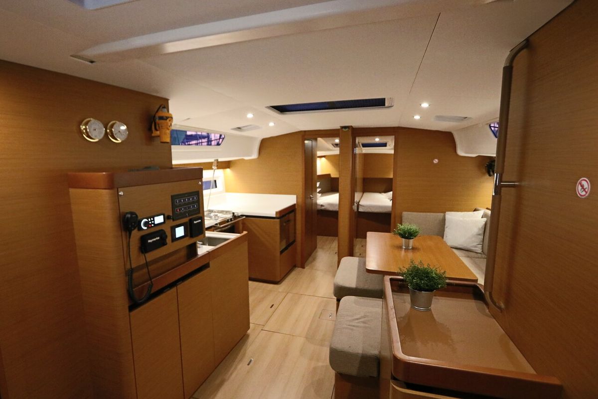 Salon of Aqua Fun, a Jeanneau Sun Odyssey 490 sailboat at Lavreotiki Municipal Unit, Greece