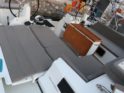 Cockpit of Aqua Fun, a Jeanneau Sun Odyssey 490 sailboat at Lavreotiki Municipal Unit, Greece