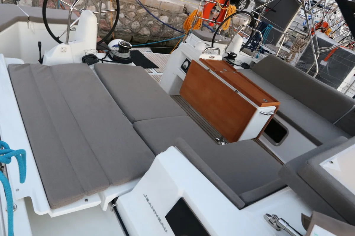 Cockpit of Aqua Fun, a Jeanneau Sun Odyssey 490 sailboat at Lavreotiki Municipal Unit, Greece