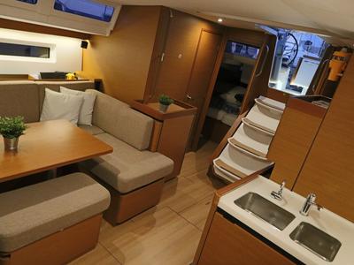 Salon of Aqua Fun, a Jeanneau Sun Odyssey 490 sailboat at Lavreotiki Municipal Unit, Greece