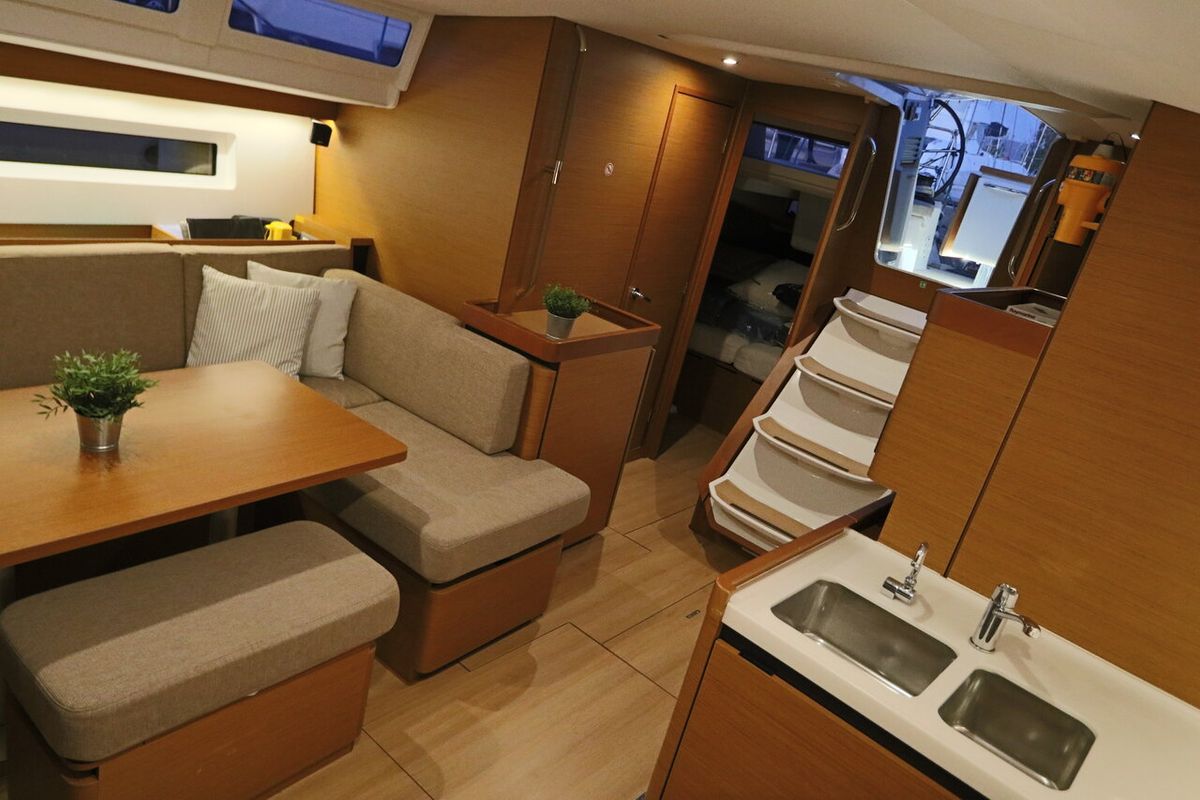 Salon of Aqua Fun, a Jeanneau Sun Odyssey 490 sailboat at Lavreotiki Municipal Unit, Greece