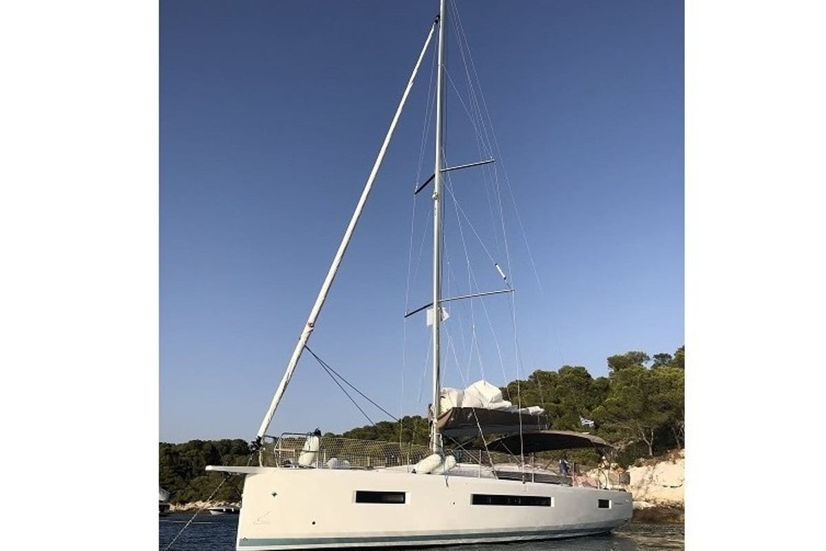 Exterior view of Aqua Fun, a Jeanneau Sun Odyssey 490 sailboat at Lavreotiki Municipal Unit, Greece
