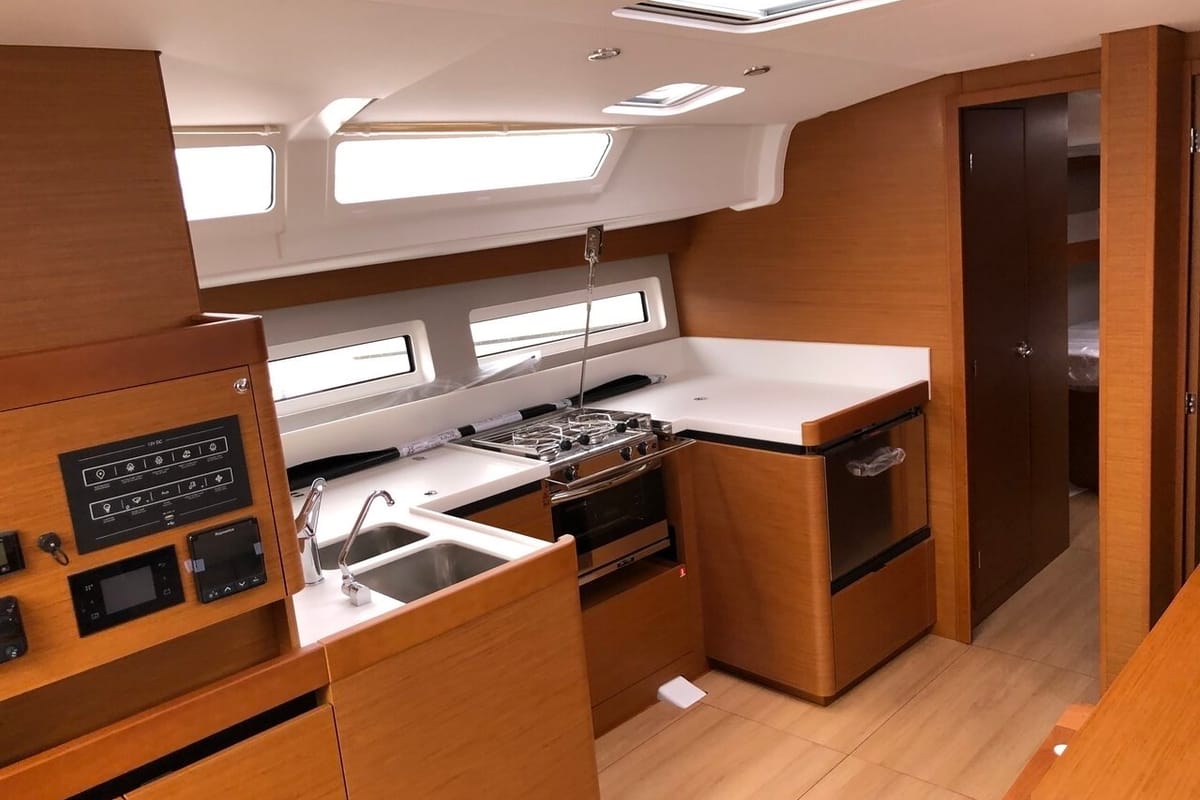 Galley of Aqua Fun, a Jeanneau Sun Odyssey 490 sailboat at Lavreotiki Municipal Unit, Greece
