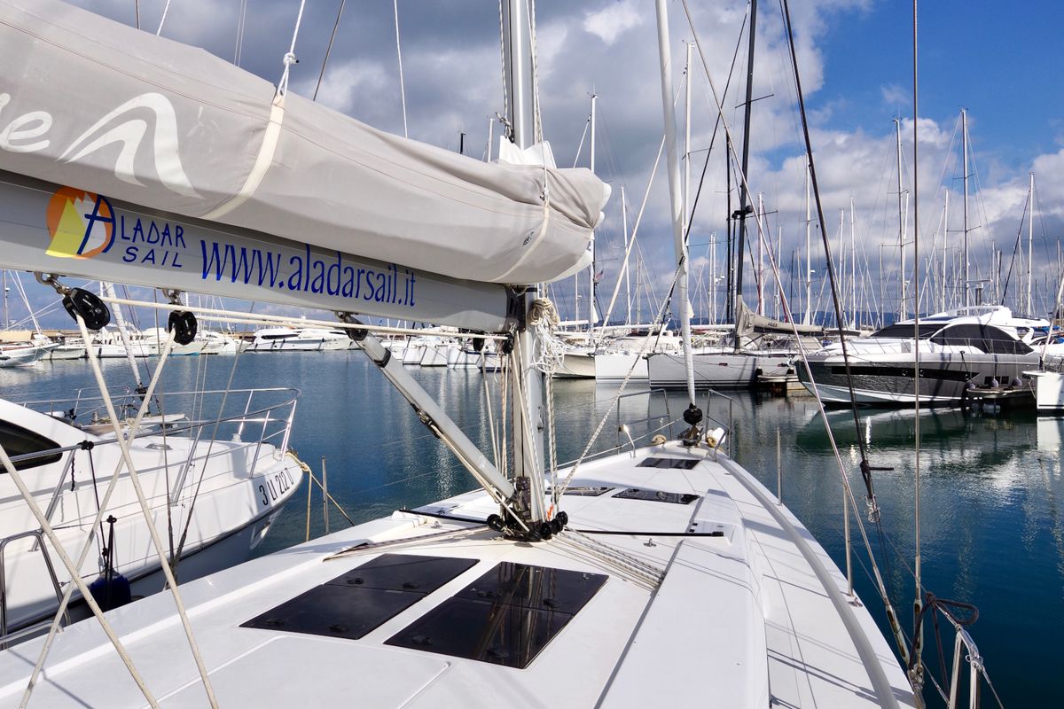 Deck of Bea, a Hanse Yachts Hanse 458 sailboat at Puntone di Scarlino, Italy