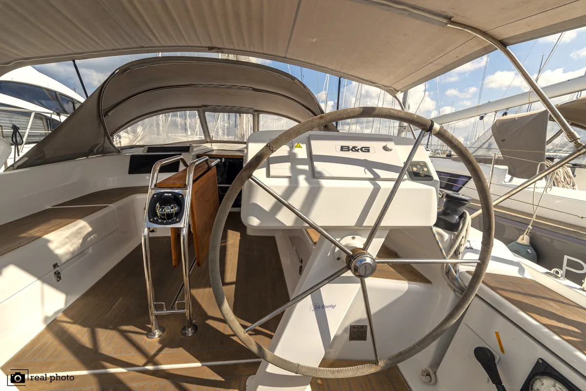 Cockpit of Bea, a Hanse Yachts Hanse 458 sailboat at Puntone di Scarlino, Italy