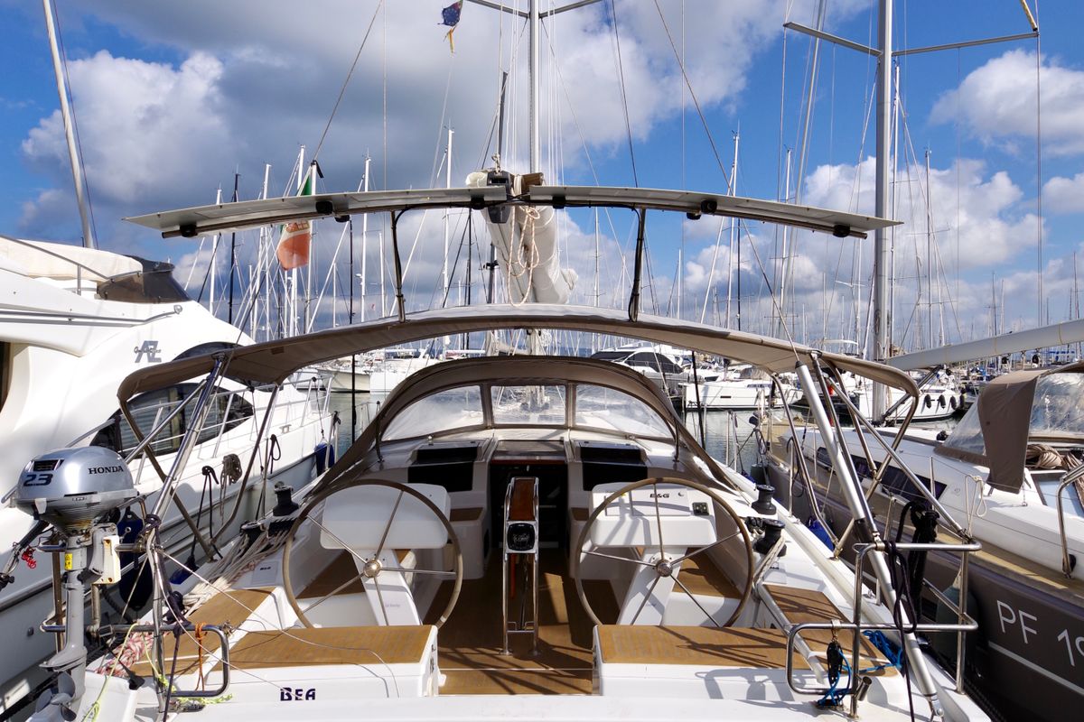 Exterior view of Bea, a Hanse Yachts Hanse 458 sailboat at Puntone di Scarlino, Italy