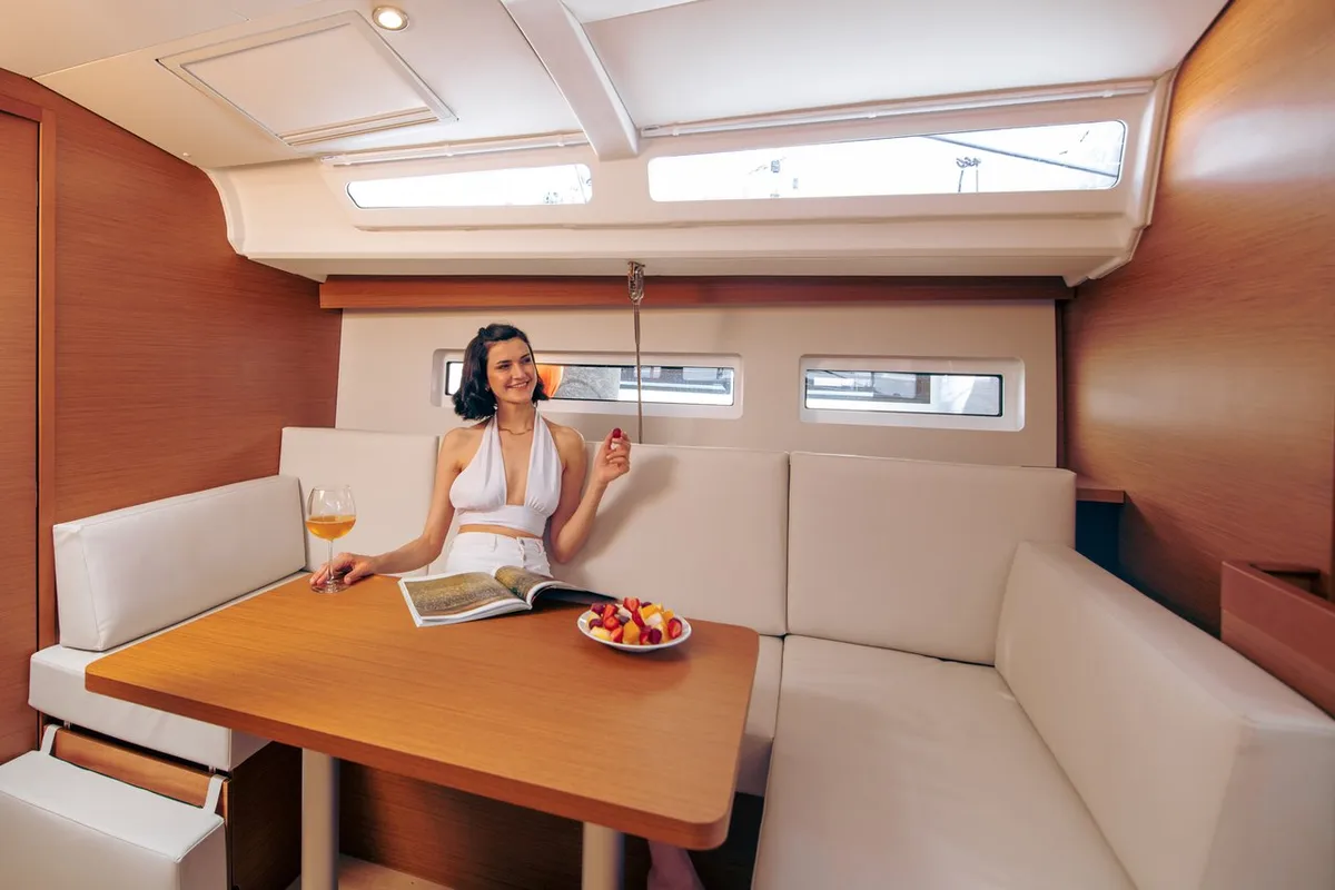 Salon of Trinity, a Jeanneau Sun Odyssey 440 sailboat at Kaş, Turkey