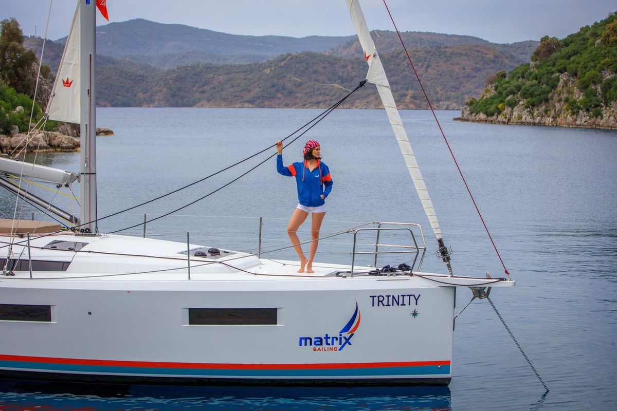 Exterior view of Trinity, a Jeanneau Sun Odyssey 440 sailboat at Kaş, Turkey