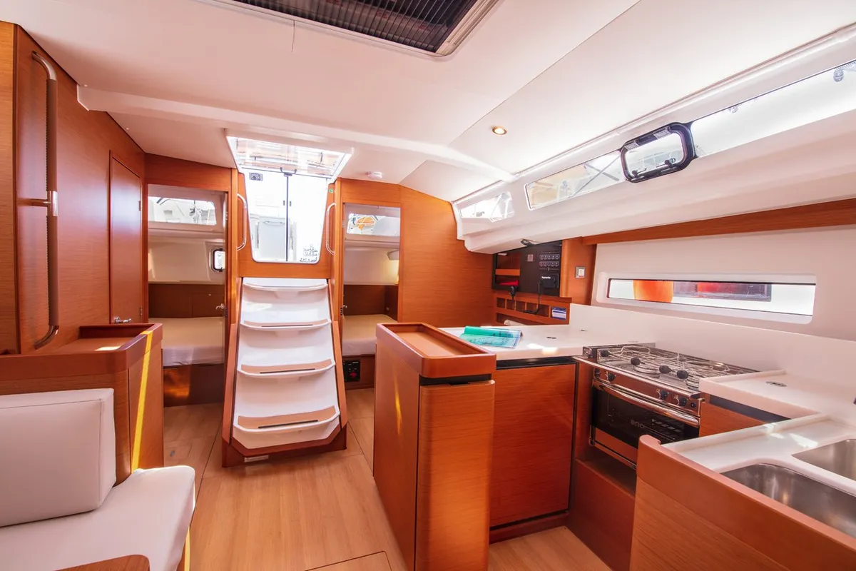 Galley of Trinity, a Jeanneau Sun Odyssey 440 sailboat at Kaş, Turkey