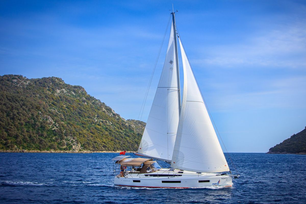 Exterior view of Trinity, a Jeanneau Sun Odyssey 440 sailboat at Kaş, Turkey