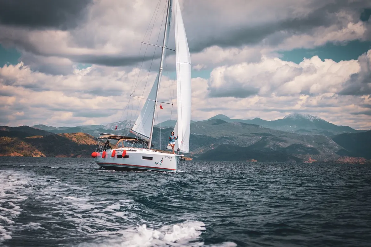 Exterior view of Trinity, a Jeanneau Sun Odyssey 440 sailboat at Kaş, Turkey