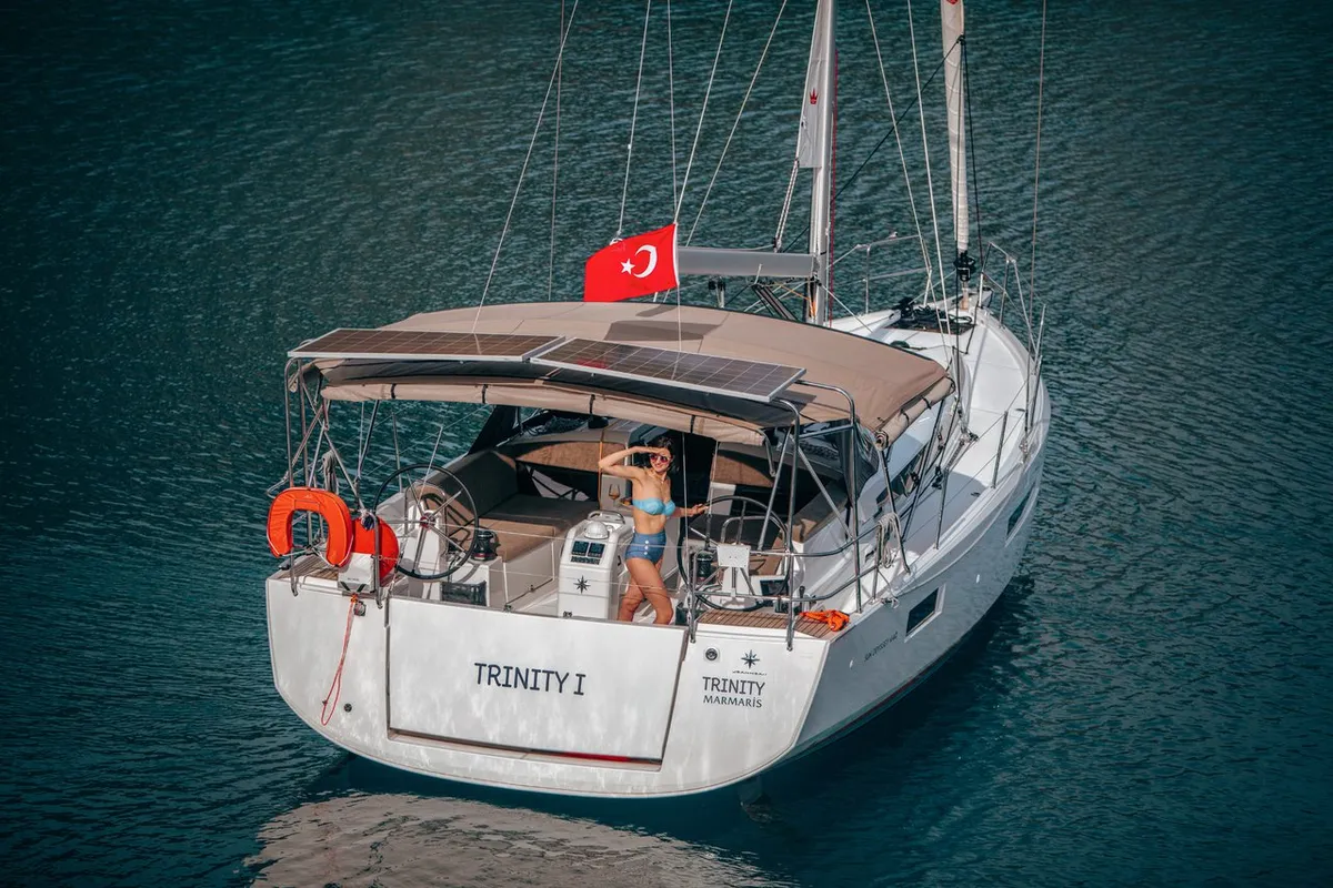 Exterior view of Trinity, a Jeanneau Sun Odyssey 440 sailboat at Kaş, Turkey
