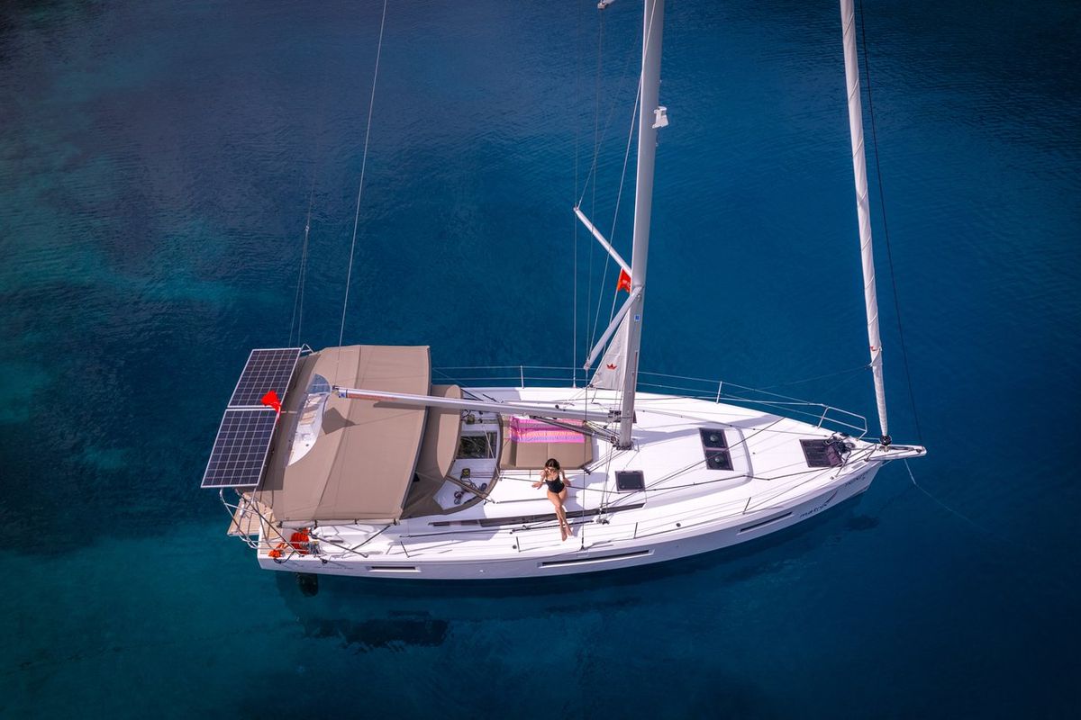 Exterior view of Trinity, a Jeanneau Sun Odyssey 440 sailboat at Kaş, Turkey