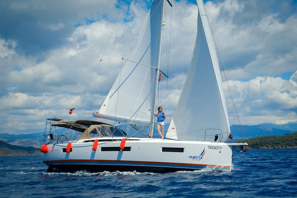 Exterior view of Trinity, a Jeanneau Sun Odyssey 440 sailboat at Kaş, Turkey
