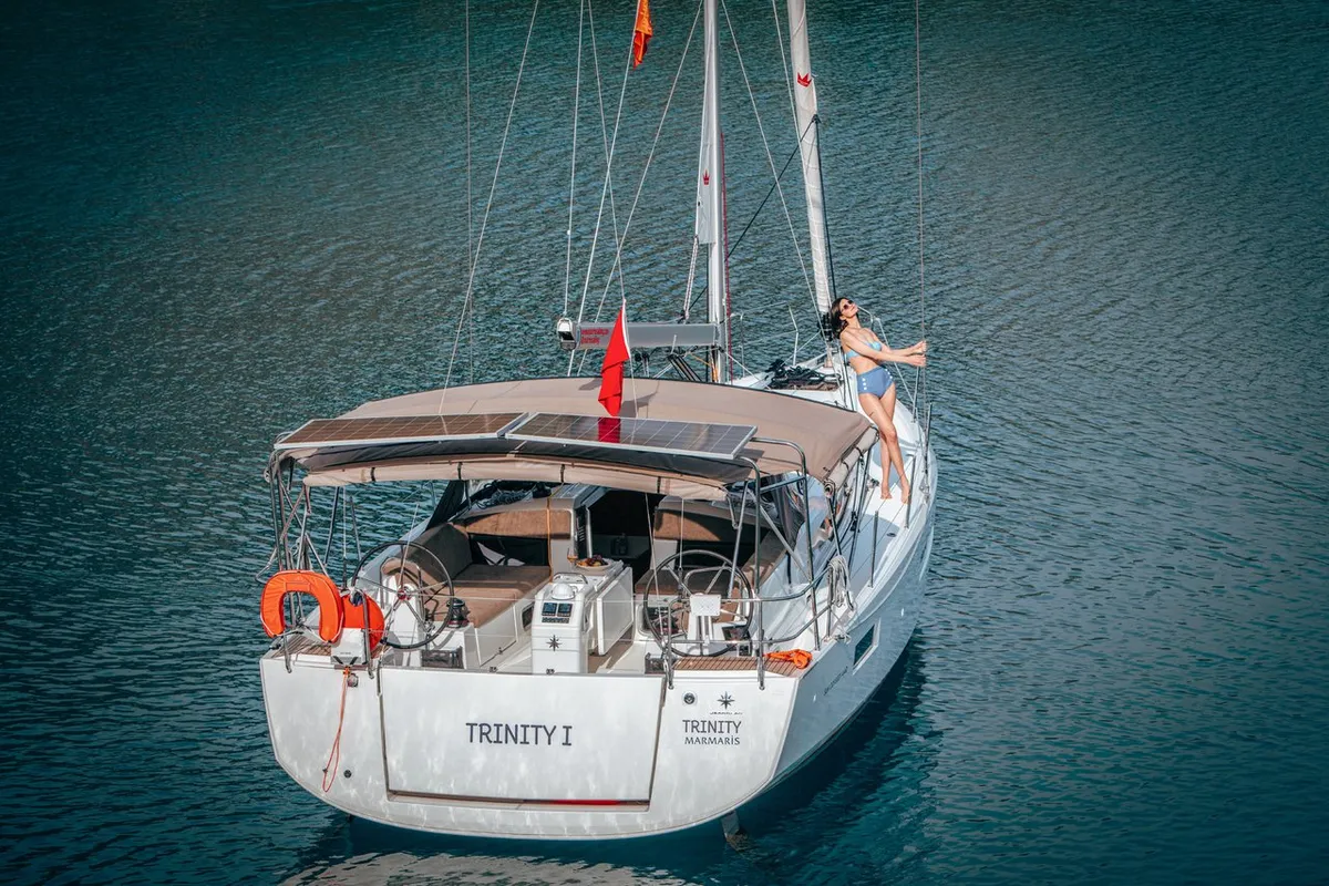 Exterior view of Trinity, a Jeanneau Sun Odyssey 440 sailboat at Kaş, Turkey