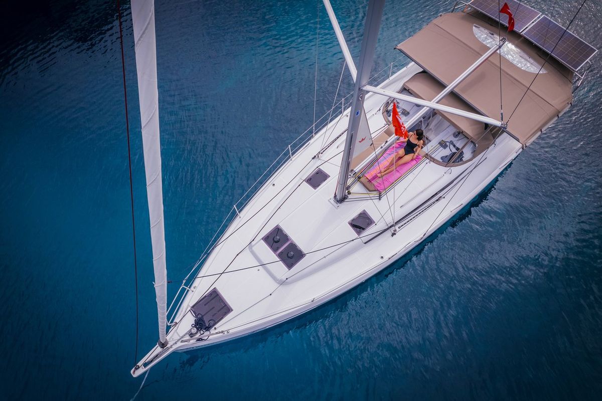 Exterior view of Trinity, a Jeanneau Sun Odyssey 440 sailboat at Kaş, Turkey