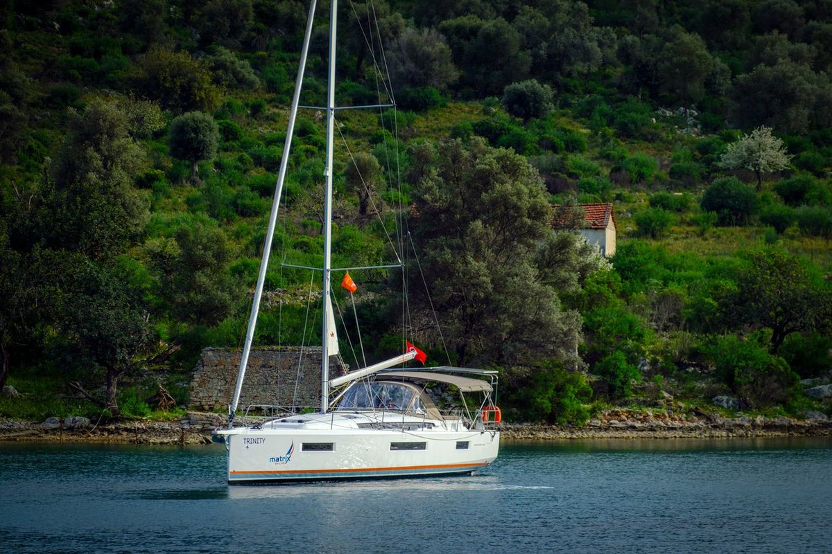 Exterior view of Trinity, a Jeanneau Sun Odyssey 440 sailboat at Kaş, Turkey