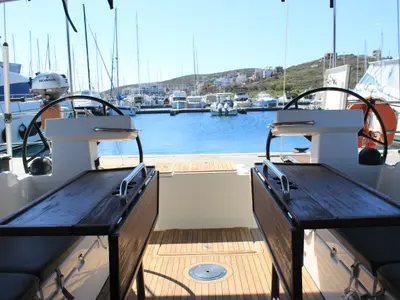Cockpit of Amaryllis, a Bavaria C45 Style sailboat at Lavreotiki Municipal Unit, Greece