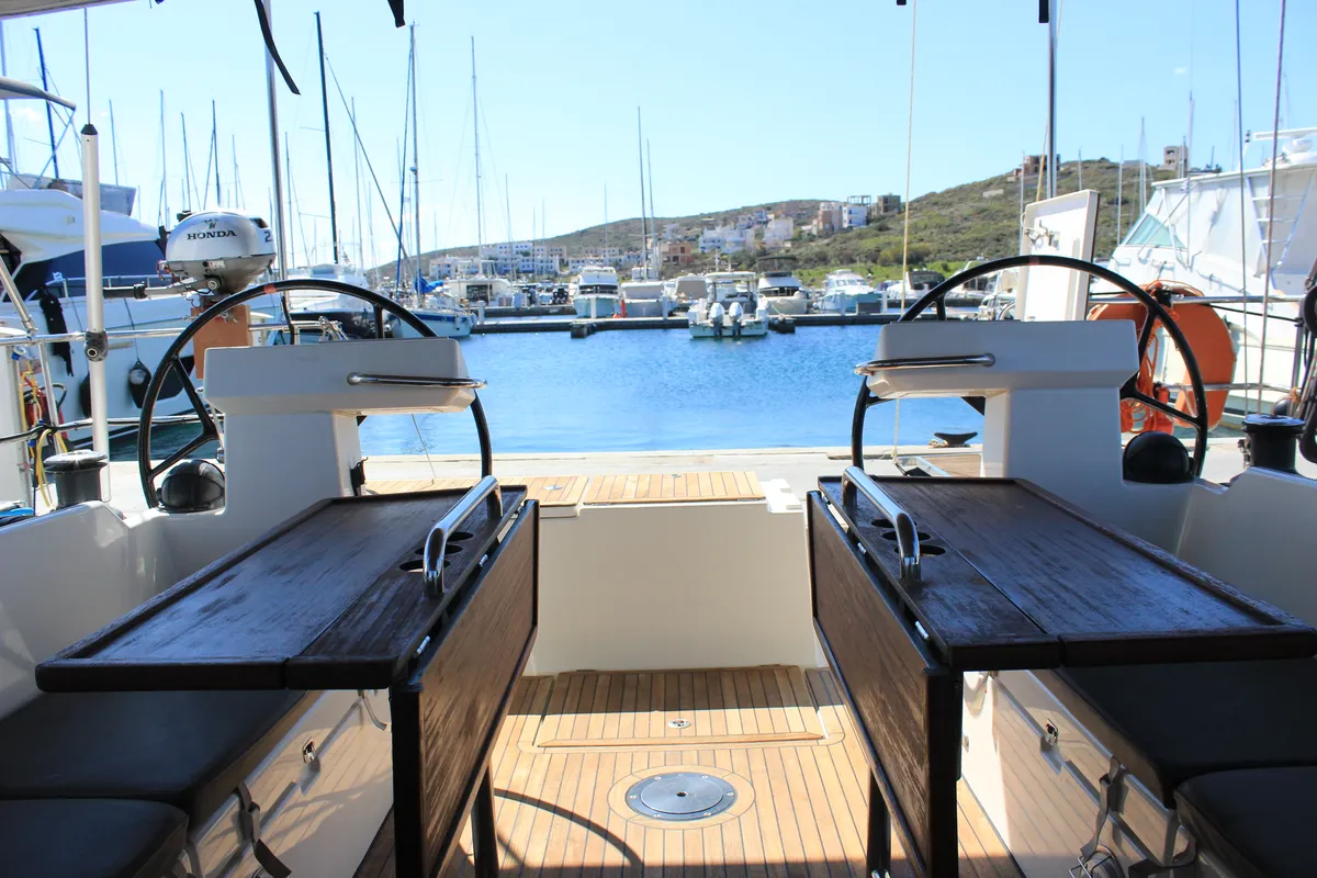 Cockpit of Amaryllis, a Bavaria C45 Style sailboat at Lavreotiki Municipal Unit, Greece