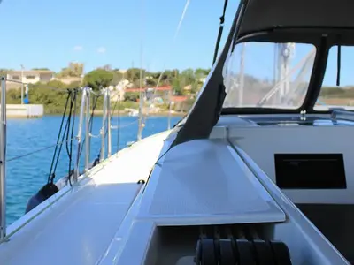 Deck of Amaryllis, a Bavaria C45 Style sailboat at Lavreotiki Municipal Unit, Greece