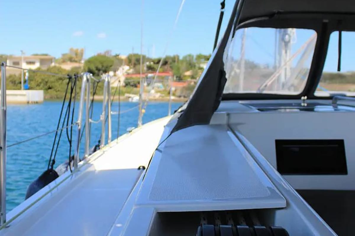 Deck of Amaryllis, a Bavaria C45 Style sailboat at Lavreotiki Municipal Unit, Greece