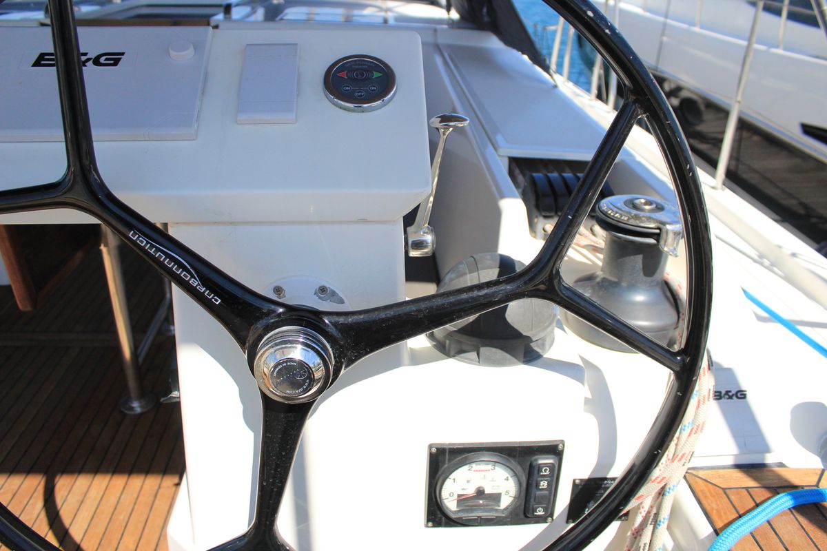 Cockpit of Amaryllis, a Bavaria C45 Style sailboat at Lavreotiki Municipal Unit, Greece