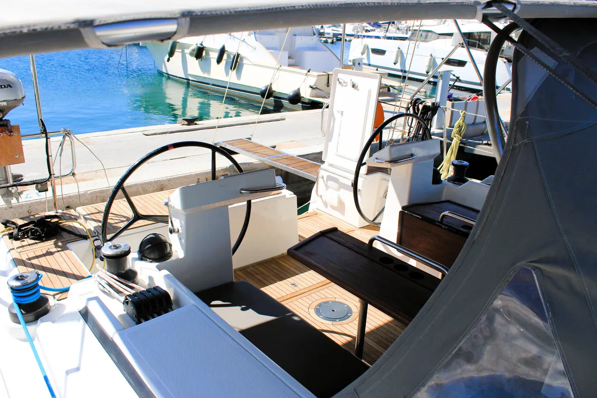 Cockpit of Amaryllis, a Bavaria C45 Style sailboat at Lavreotiki Municipal Unit, Greece
