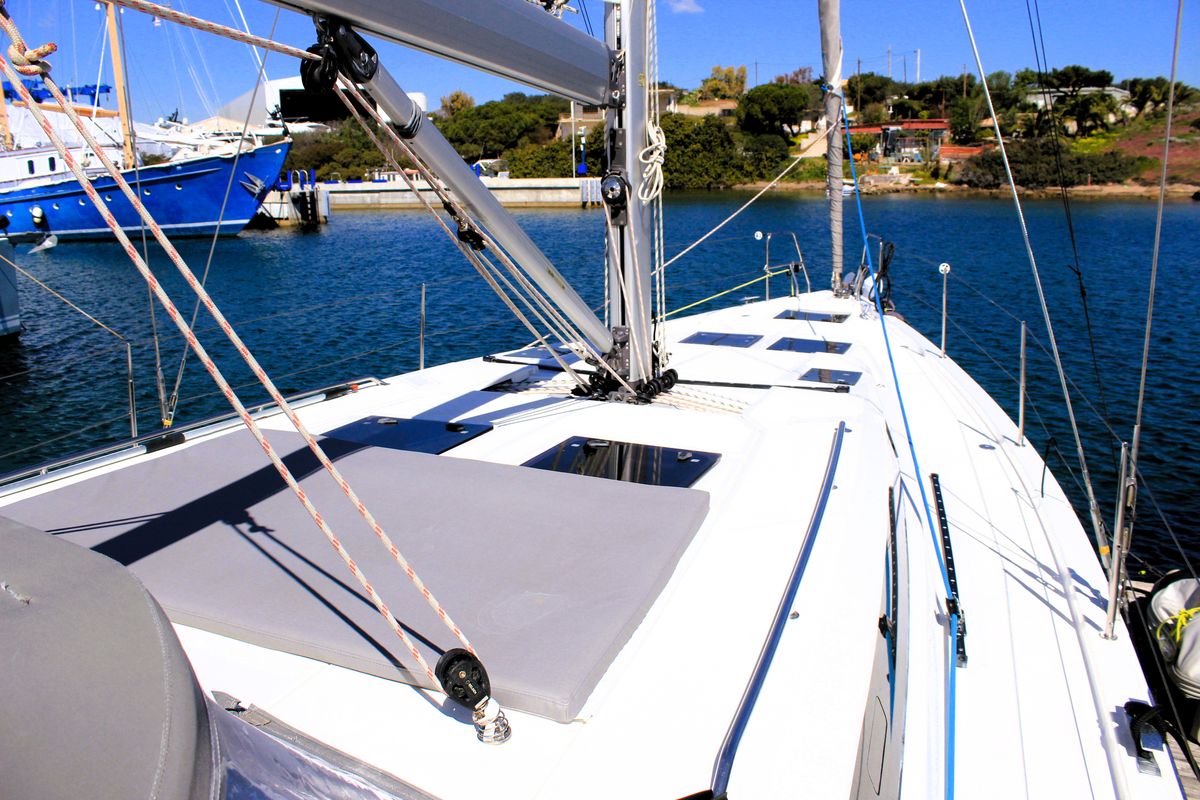 Deck of Amaryllis, a Bavaria C45 Style sailboat at Lavreotiki Municipal Unit, Greece