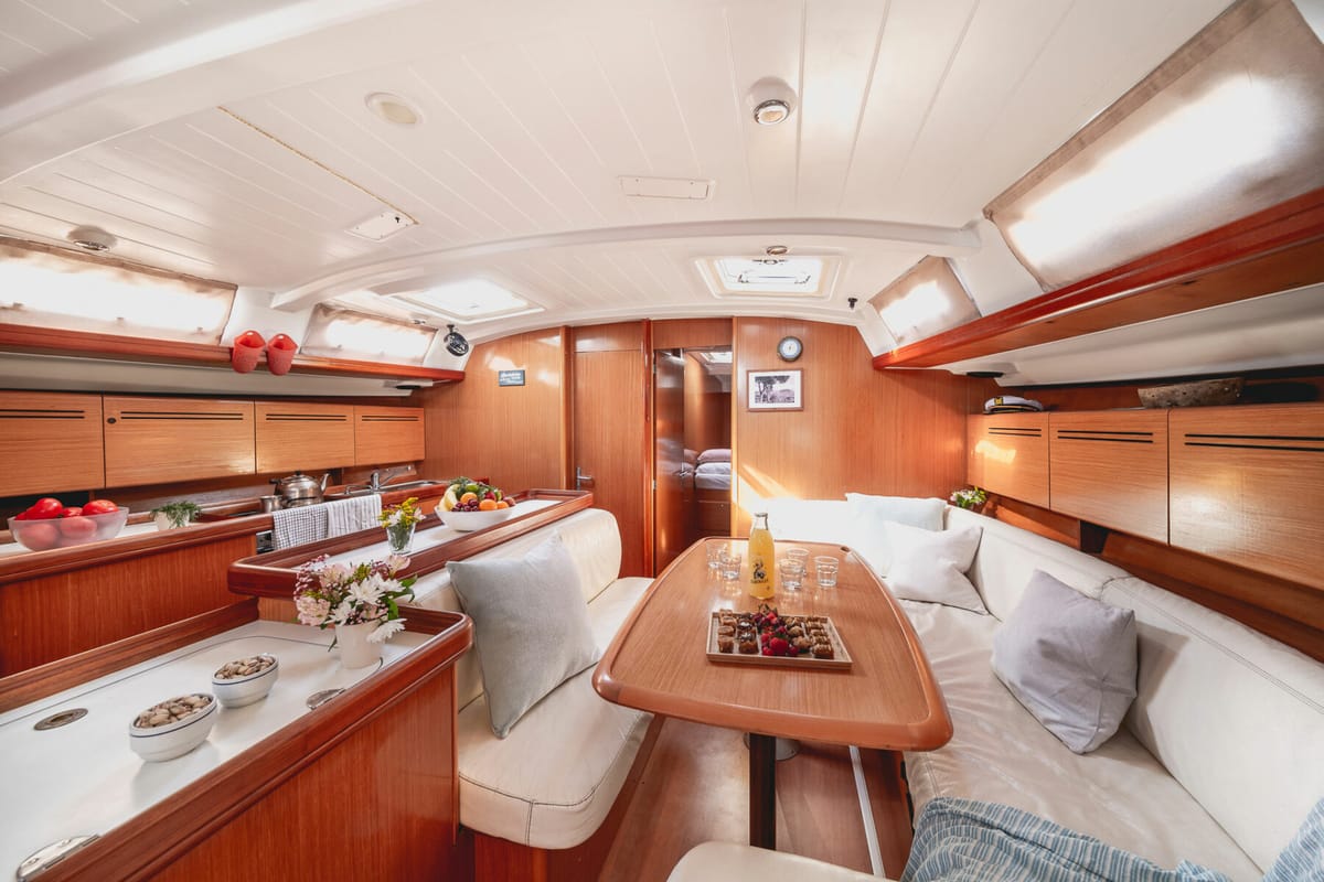 Exterior view of Zorba Cabin 1, a Beneteau Cyclades 50.5 sailboat at Aegina, Greece
