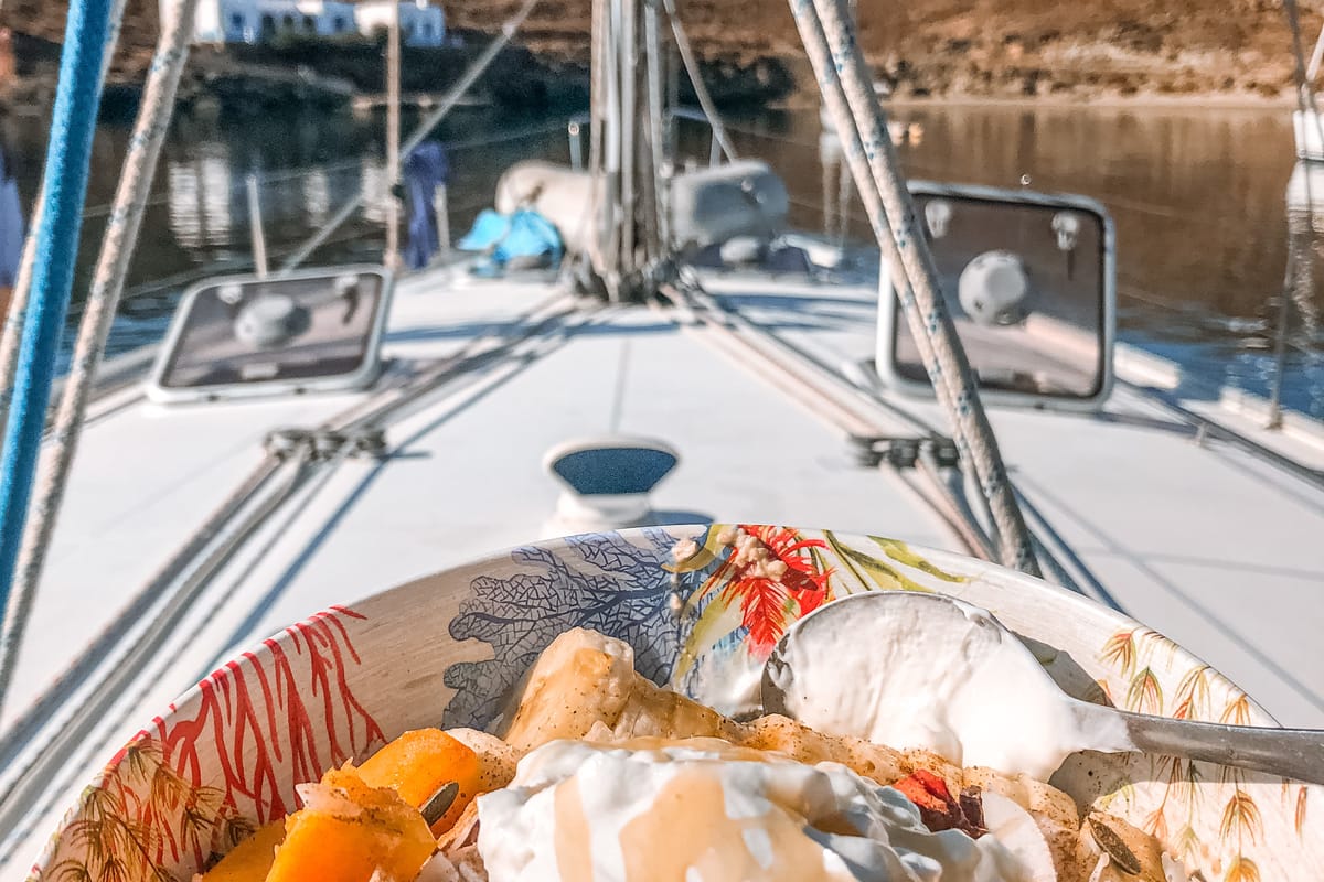 Deck of Zorba Cabin 1, a Beneteau Cyclades 50.5 sailboat at Aegina, Greece