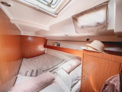Salon of Zorba Cabin 1, a Beneteau Cyclades 50.5 sailboat at Aegina, Greece