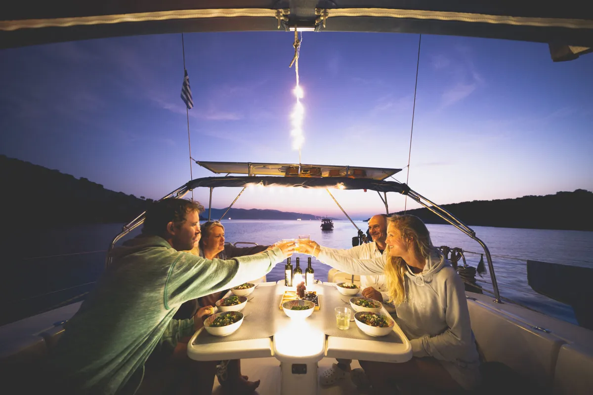 Deck of Zorba Cabin 1, a Beneteau Cyclades 50.5 sailboat at Aegina, Greece